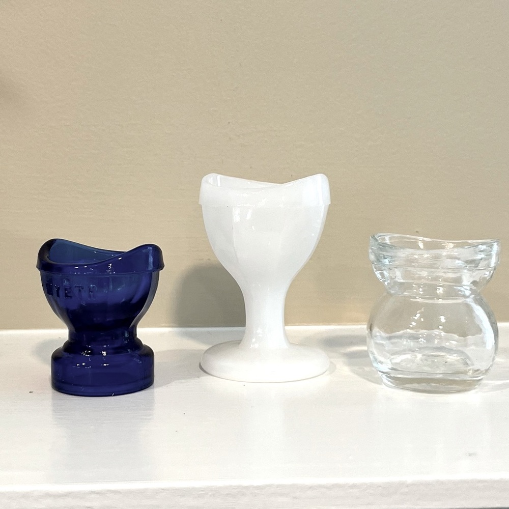 Vintage Eye Wash Cups Set of Three Clear Blue White Milk Glass Apothecary